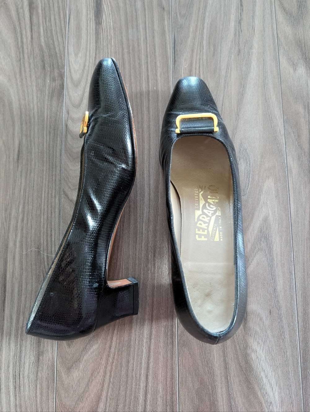 Vintage Salvatore Ferragamo Black Leather Block Pumps with Gold Buckle (6.5)